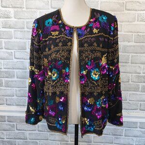 Vintage 90s Silk Evening Jacket Glam Beaded Sequined Statement Peacock Colors PL
